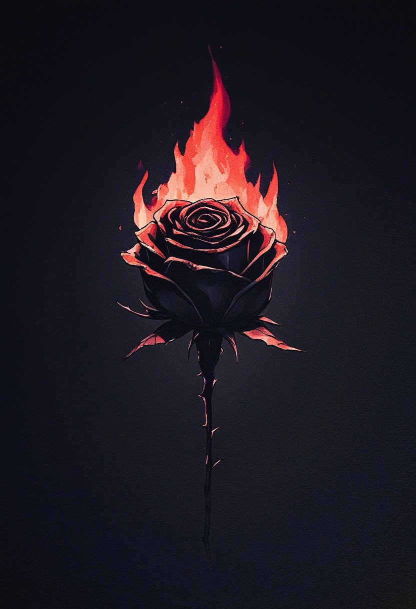 DRKWB, rose, flower, no humans, black flower, fire, black rose, still life, burning, black background, simple background, thorns, gradient, gradient background