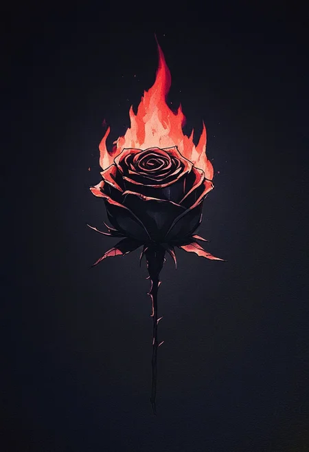 DRKWB, rose, flower, no humans, black flower, fire, black rose, still life, burning, black background, simple background, thorns, gradient, gradient background
