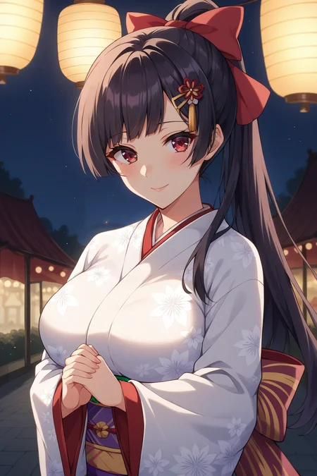 score_9, score_8_up, score_7_up, source_anime, 1girl, prefect lighting, very aesthetic, intricate details, highly detailed background, masterpiece, high quality, prefect hands, best quality, solo,
<lora:Natsuha_Natsu-nee_Shinomiya_Ajisai_no_Chiru_Koro_ni_V1:.85>, dark hair, maroon eyes, bangs, hair pin, long hair,
ponytail, hair bow, white kimono, kimono back bow, floral print kimono, long sleeves, wide sleeves,
standing, praying, looking at viewer, smile, blush,
outside, festival, summer festival, summer, night, lantern, market stall, moonlight,
(Beautiful, large Breasts:1.2), natural breasts,