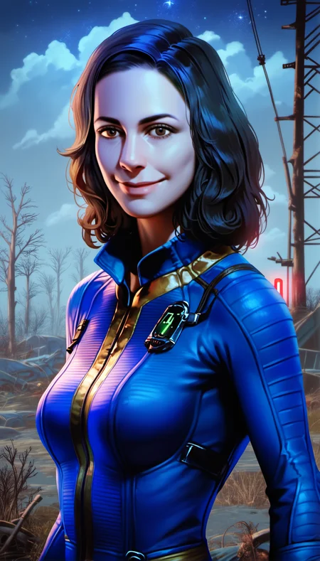 score_9,score_8_up,score_7_up,
<lora:nora:0.9>,fo4nora,
realistic,
1girl,solo,black hair,medium hair,brown eyes,looking at viewer,smile,
dirty blue jumpsuit,portrait,
outdoors,blurry background,post-apocalypse,cloud,barren wasteland,wilderness,dry and desolate ground,dead tree,(night:1.2),starry night,lights particle,