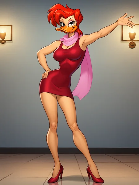 score_7, score_8, score_9, detailed background,inside,ballroom,marble stone floor,white shiny stone,dancefloor,lights,,ultra high detailed,masterpiece,full body, BREAK Solo, 1girl,female,seductive eyes,long eyelashes,half closed eyes, furry,anthro, <lora:Mallory_McMallard_Might_Ducks:0.8> mallory_mcmallard,  duck, red hair,solo, single, beak, long eyelashes, black eyes, narrow waist, ,large breasts,,fancymalloryshair,upward-swept hair, short dress, red dress, hip sway,seductive eyes,,makeup, red footwear, high heels, pink scarf, narrow waist, long eyelashes, black eyes, long legs, smirk,strutting,hand on hip,arm outstretched,seductive smile,walking towards viewer,
