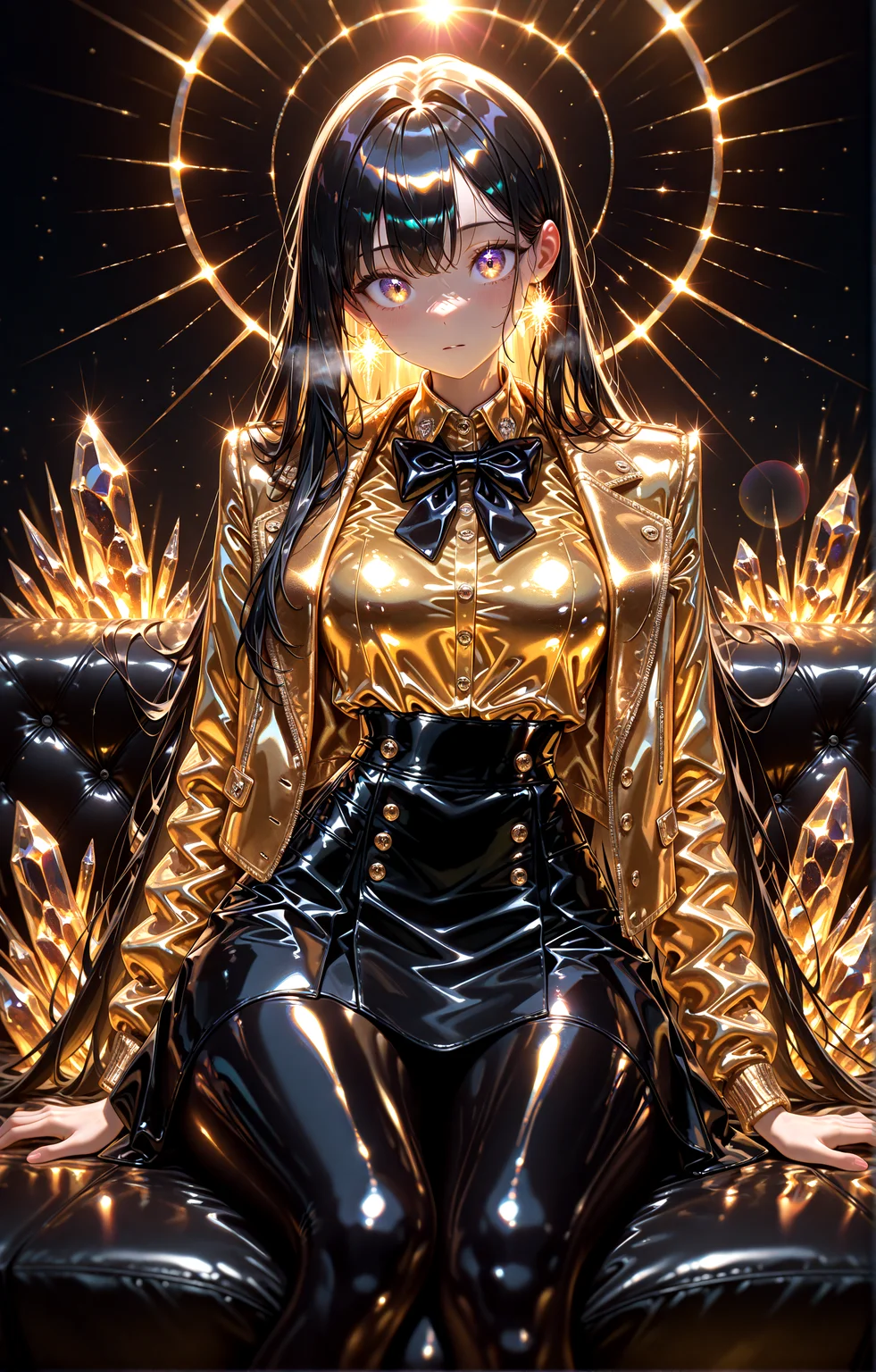masterpiece, best quality, amazing quality, very aesthetic, absurdres, newest,
ice_crystal,winter,indoor,dark_background,
1girl,golden_jacket,golden_shirt,bowtie,skirt,lace,pantyhose,long_black_hair, facelight,luster,shiny_skin,lens flare,
sitting black_sofa, from front very close-up
looking_at_viewer,glowing,latex,luster,shiny_skin,
{{best_quality}},{{amazing_quality,very_aesthetic}},
masterpiece, best quality, amazing quality, very aesthetic, absurdres, newest, volumetric lighting, <lora:spo_sdxl_10ep_4k-data_lora_webui:1> <lora:holographiccolor:0.9>