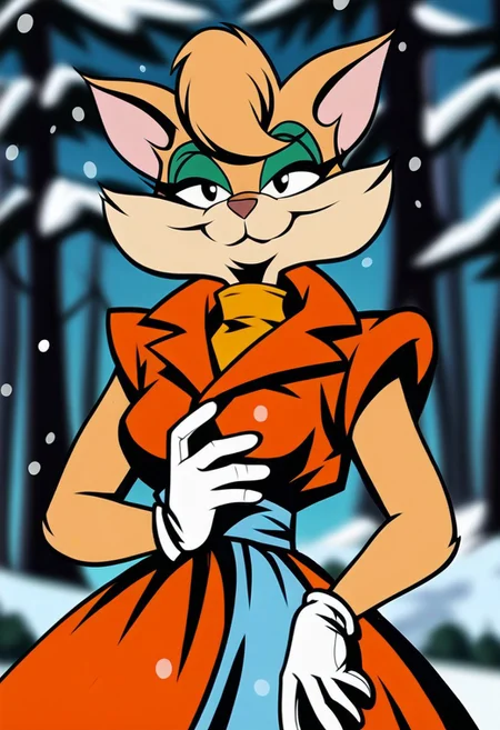 score_9, score_8_up, score_7_up, score_6_up, score_5_up, score_4_up, retro artstyle, BREAK
Tabitha_Fantomcat,cat girl,short hair,1 girl, furry female, dress, furry, gloves, yellow dress, white gloves, fur, animal ears, snow, breasts, smile, looking at viewer,black eyes, eyelashes, bare shoulders, jewelry, medium breasts, blurry background, makeup, tree, eyeshadow, outdoors
<lora:tabitha-v1:1>