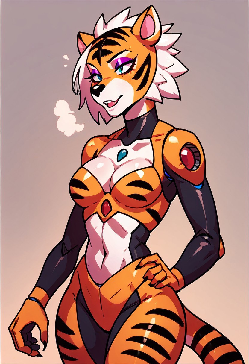 score_9, score_8_up, score_7_up, score_6_up, score_5_up, source_furry, (eyeshadow:1.6), feminine eyelashes, 1girl, female, thin waist, , Sumatran Tiger, robot, female, anthro, solo, 1girl, tall, adult, breast