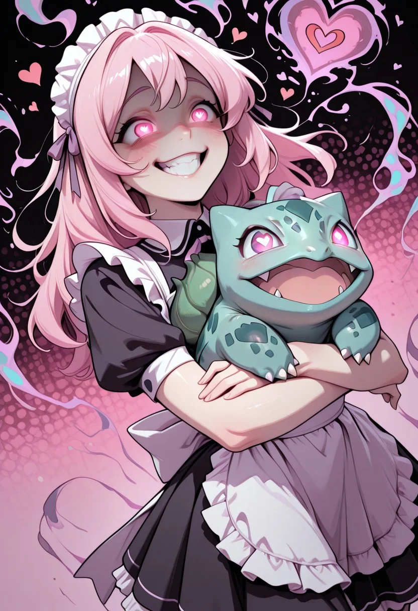 masterpiece, high_quality, highres, flat_colors, gradient, CivChan, artist:moriimee, 1girl ((holding oversized pink stuffed bulbasaur toy)) crazy_eyes, ((uwu)), glowing eyes, heart-shaped_pupils , maniacal grin, laughing, hair_ribbon magical_girl open_mouth pink_hair purple_eyes ribbon maid_headdress maid_uniform skirt smile yandere, Dynamic angle, best quality, halftone_background, pink_background, black_background, ethereal_aura,