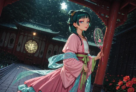 masterpiece, best quality, amazing quality, very aesthetic, absurdres, dynamic angle, ultra-detailed, highly detailed, cinematic lighting, realistic shading, intricate details, soft lighting, high contrast, depth of field, perspective,
BREAK
ADGPMao2, 1girl, green hair, blue eyes, flat chest, pink lipstick, pink eyeshadow, GPhairstyle, official alternate hairstyle, low twintails, hair beads, hair over shoulder, hair rings, gold rose hair ornaments, official alternate costume, bell earrings, flower necklace, duijin ruqun, pink daxiushan, wide sleeves, white hezi, blue hagoromo, red flower, pink sash, green long ribbon, pink long skirt, layered skirt,
BREAK
upper body, from side, holding transparent fan, tuanshan, standing, looking to the side, smile, outdoors, east asian architecture, pavilion, garden, pond, day,