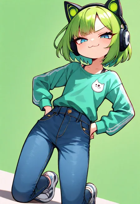 incredibly absurdres, highres, masterpiece, newest,
1girl, solo, cute, green hair, blue eyes, short hair, green parker, blue jeans,smirk, :3, kneeling, hands on hips, headphone, cat ears, green background, dutch angle, usnr, CuteToon_ST
