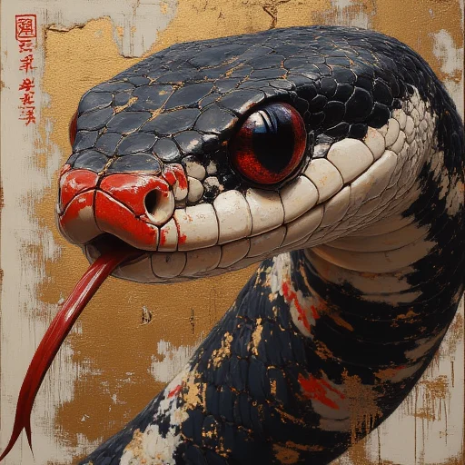 is depicted with intricate, realistic digital painting of a snake, with a striking contrast of red and white on its face and mouth., giving a three-dimensional effect., realistic appearance., a black and white banded snake