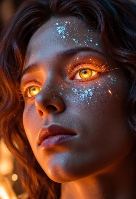 A macro shot of eyes where the makeup creates a living firework display, with bursts of neon pink, gold, and turquoise exploding across the lids in real-time, leaving trails of sparkling dust. The lashes are made of crackling sparks, fizzing with energy, and her irises glow like the heart of a supernova, radiating light. The scene is lit by a vibrant, celebratory glow, captured with a Panasonic Lumix S1R, .rw2 file, emphasizing the dynamic, impossible explosions.
, aidmarealisticskin, aidmabaldursgate3