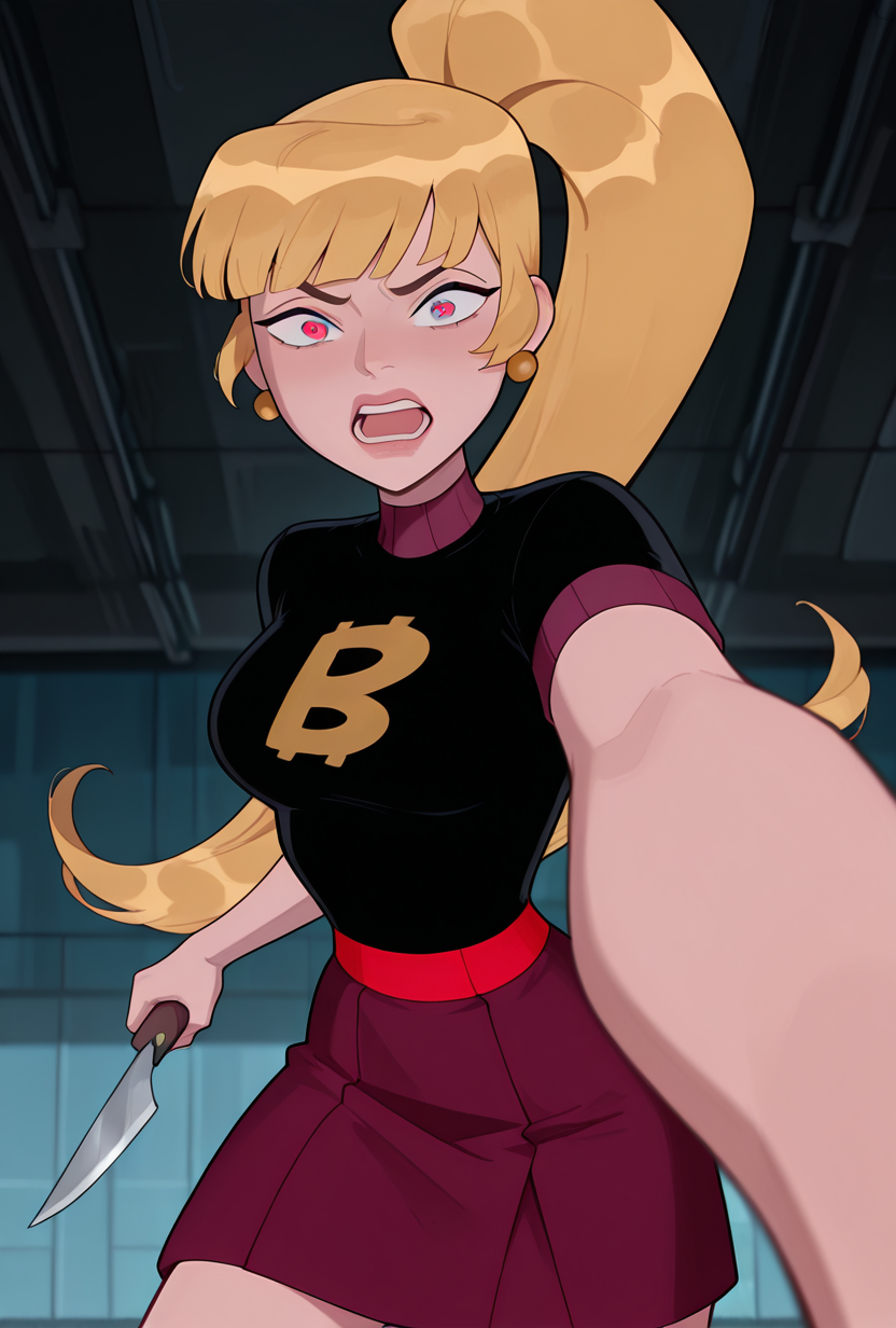 <lora:mazuma-10:1> mazuma, blonde hair, ponytail, long hair, 1girl, earrings, black shirt, short sleeves, short skirt, red blue eyes, heterochromia, shirt over skirt,  lips, maroon skirt, ((cartoon,  screencap)), dynamic pose, expressive,  amazing quality, best quality, facial expression , foreground blur, background blur, fighting pose, about to stab,  <lora:pov-stabbing-illustriousxl-lora-nochekaiser:1> pov stabbing, open mouth, holding, looking at viewer, pov, teeth, holding knife, knife, constricted pupils, sanpaku eyes, shouting, outstretched arm, reaching towards viewer, cowboy shot, masterpiece, best quality, amazing quality, very aesthetic, absurdres, newest,