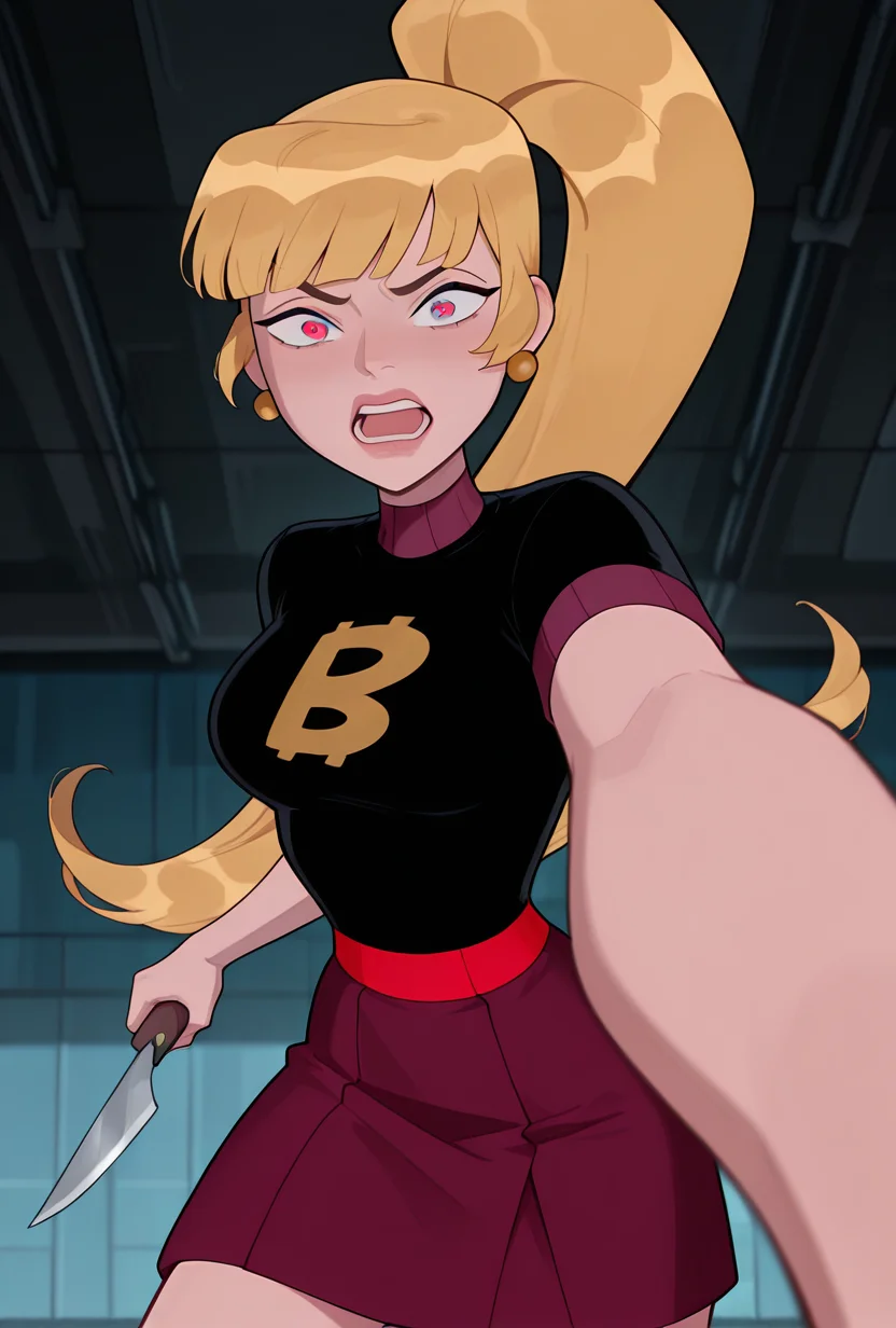 <lora:mazuma-10:1> mazuma, blonde hair, ponytail, long hair, 1girl, earrings, black shirt, short sleeves, short skirt, red blue eyes, heterochromia, shirt over skirt,  lips, maroon skirt, ((cartoon,  screencap)), dynamic pose, expressive,  amazing quality, best quality, facial expression , foreground blur, background blur, fighting pose, about to stab,  <lora:pov-stabbing-illustriousxl-lora-nochekaiser:1> pov stabbing, open mouth, holding, looking at viewer, pov, teeth, holding knife, knife, constricted pupils, sanpaku eyes, shouting, outstretched arm, reaching towards viewer, cowboy shot, masterpiece, best quality, amazing quality, very aesthetic, absurdres, newest,