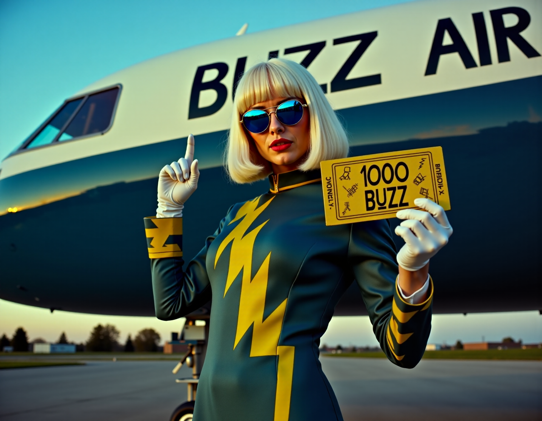 A stewardess in classic and very stylish uniform of the airline "BUZZ AIR" poses in front of a expensive learjet with shiny blue and yellow design. The name of the airline "BUZZ AIR" is prominently written on the plane. The nordic pale stewardess from Finland holds a large golden ticket with the text "1000 BUZZ" in big letters. The ticket is full of icons in the form of lightnings. Her uniform from the 1970s is in blue and yellow styled in abstract lightning forms. Her outfit includes a tight pencil skirt, blouse and gloves. She is white blonde with a cool bob cut haircut with straight bangs underlining her elegant appearance. She wears classic mirror blue aviator sunglasses completing her stylish look. Cinematic low-angle shot during evening and sunset lighting. amasterpiece photograph. The airline and its name "BUZZ AIR" is the main focus.  <lora:cinematic film style rule of thirds v1:1> cinematic style, rule of thirds style