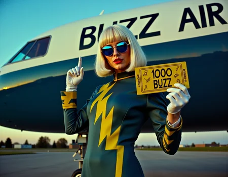 A stewardess in classic and very stylish uniform of the airline "BUZZ AIR" poses in front of a expensive learjet with shiny blue and yellow design. The name of the airline "BUZZ AIR" is prominently written on the plane. The nordic pale stewardess from Finland holds a large golden ticket with the text "1000 BUZZ" in big letters. The ticket is full of icons in the form of lightnings. Her uniform from the 1970s is in blue and yellow styled in abstract lightning forms. Her outfit includes a tight pencil skirt, blouse and gloves. She is white blonde with a cool bob cut haircut with straight bangs underlining her elegant appearance. She wears classic mirror blue aviator sunglasses completing her stylish look. Cinematic low-angle shot during evening and sunset lighting. amasterpiece photograph. The airline and its name "BUZZ AIR" is the main focus.  <lora:cinematic film style rule of thirds v1:1> cinematic style, rule of thirds style
