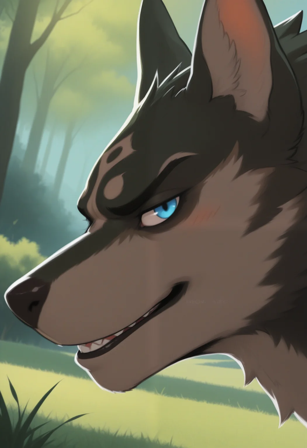 masterpiece,best quality,amazing quality, 1boy, solo, 1boy, l1nk, wolf, bara, close up, smirk, side angle, blue eyes, looking at viewer,
outside,