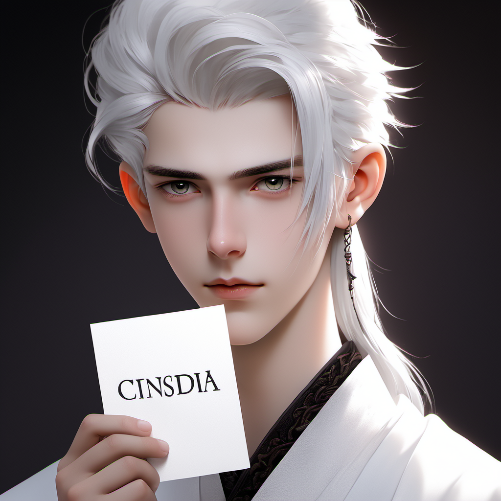 One white hair boy held a blank piece of paper with Cinsdia written on it
<lora:ancient_youth:1>