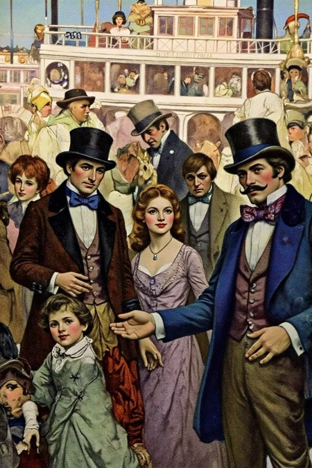 schoonover1 illustration.
A bustling 19th-century riverfront with people in period attire. On the right stand a man with a mustache and wearing a blue coat and a top hat. Beside him is a couple waiting in line. There are other passengers behind them. There is a paddle-wheel steamboat in the background <lora:schoonover1_cap_d6a3e11:1.0><lora:831474504506152696:0>