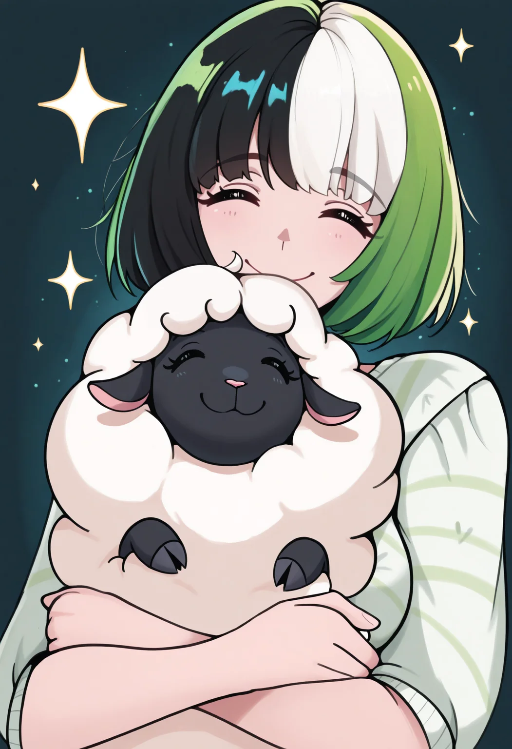 masterpiece, best quality, 1girl, solo, short hair, bob cut, NSMelionPalHair, green hair, black hair, white hair, multicolored hair, medium breasts, eyes closed, sparkles, big smile, wholesome, hugging, hug, hugging sheep, sheep, abstract background, <lora:NSMelionPalHairIllu:1>