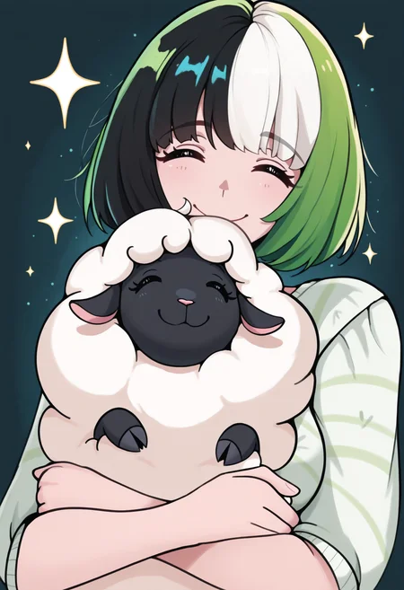 masterpiece, best quality, 1girl, solo, short hair, bob cut, NSMelionPalHair, green hair, black hair, white hair, multicolored hair, medium breasts, eyes closed, sparkles, big smile, wholesome, hugging, hug, hugging sheep, sheep, abstract background, <lora:NSMelionPalHairIllu:1>