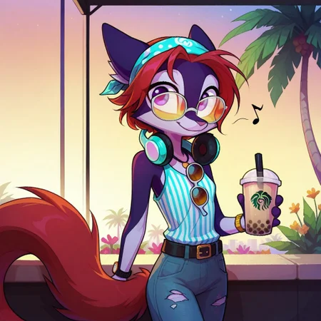 Dreamkeepers,Indi_and_Digo,1girl,solo,furry,tail,source_furry,,red hair,purple fur, purple eyes,
masterpiece, child, kid,
masterpiece, best quality, good quality, very awa, newest, highres, absurdres, solo, looking at viewer, smile, shirt, holding, closed mouth, , bare shoulders, flower, cowboy shot, sleeveless, pants, belt, necklace, striped clothes, bracelet, cup, torn clothes, sleeveless shirt, headphones, sunglasses, denim, holding cup, musical note, black belt, watch, drinking straw, striped shirt, jeans, shirt, pants, drink, palm tree, bandana, eighth note, wristwatch, tinted eyewear, disposable cup, unworn eyewear, headphones around neck, vertical-striped shirt, holding drink, bubble tea, orange-tinted eyewear, eyewear hang, limited palette,