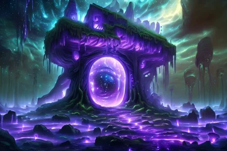 RAW photo, (masterpiece:1.3), subsurface scattering, heavy shadow, (high quality:1.4), (intricate, high detail:1.2), professional photography, HDR, High Dynamic Range, realistic, ultra realistic, photorealistic, high resolution, film photography, ambient lighting, flood of energy, atmospheric effects, GlowingRunes_purple, <lora:detail_slider_v4:2>, OverallDetail, <lora:Portal:1>, cloud, forest, grass, mushroom, nature, outdoors, plant, portal, scenery, starry sky, tree, epiCPhoto