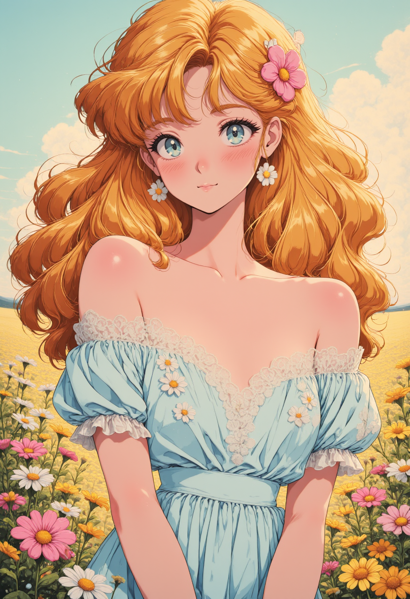 pinkretroanime, A vibrant portrait of a cheerful woman with sun-kissed skin and sparkling emerald eyes. Her hair is a cascade of soft golden curls, woven with daisies and pastel pink roses. She wears a simple yet elegant white sundress. Behind her, a sunlit meadow stretches out, dotted with colorful wildflowers swaying in the gentle breeze.