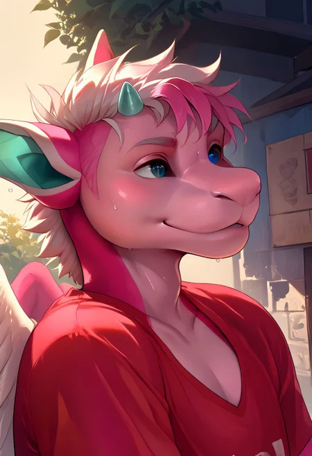 score_9, score_8_up, score_7_up, (by shinodage), outdoor, sexy, sweat, dutch angle, looking aside, high quality, hires, solo, anthro, furry, detailed background, detailed eyes, emotional, easynegative, Split Lighting style,
lumi_senpaiithon, dragon, horns, pink body, anthro, hair, blue tongue, 1boy, heterochromia, smile, colored sclera, black sclera, pink skin, male focus, wings