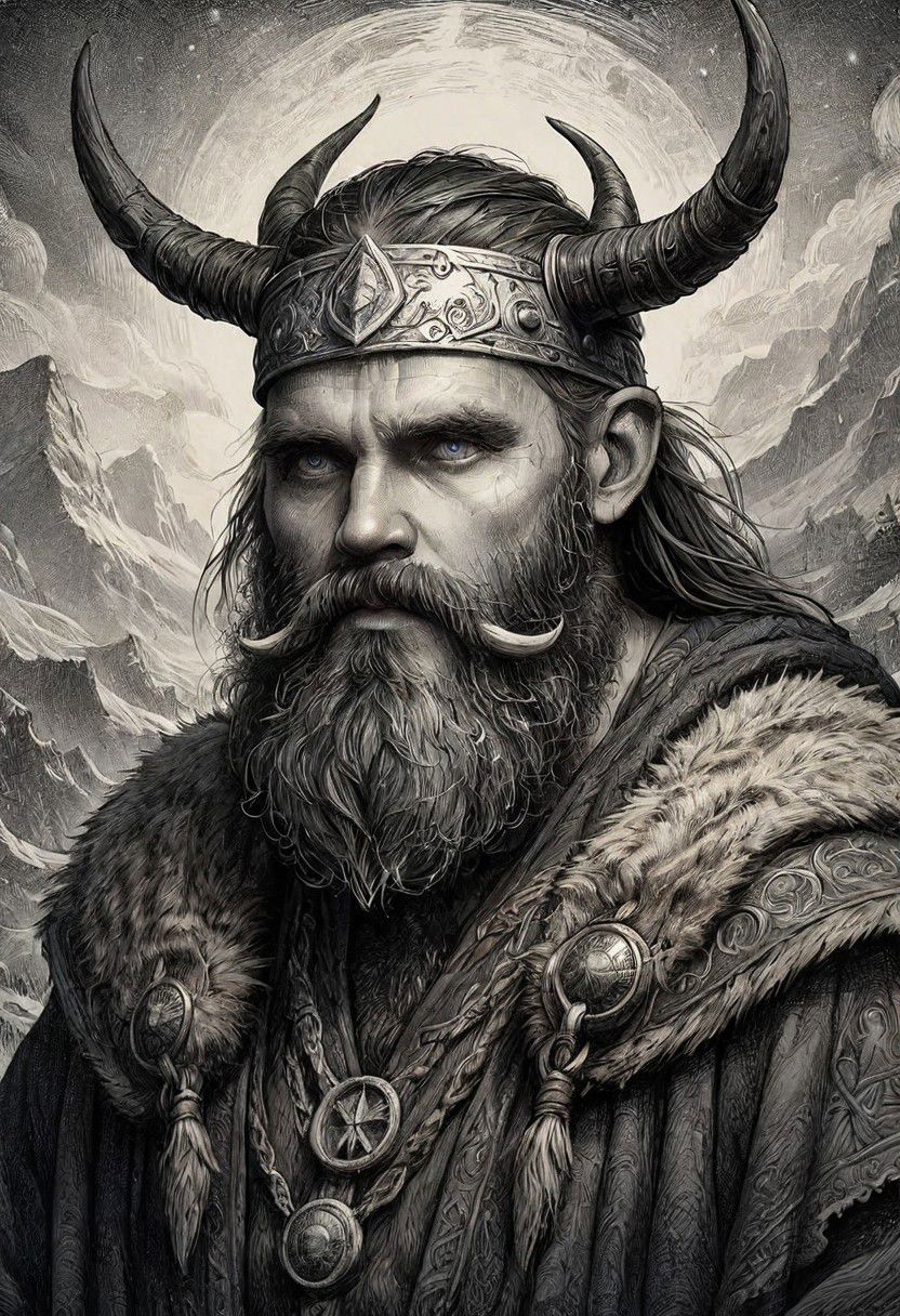 a black and white drawing of a bearded man with horns, norse god, male god svarog portrait, viking god, by Roman Bezpalkiv, by Tadeusz Pruszkwski, by Nikola Avramov, tuomas korpi and wlop, greybeard, painted portrait of rugged odin, 0 fantasy proto-slavic mythology, INK ART