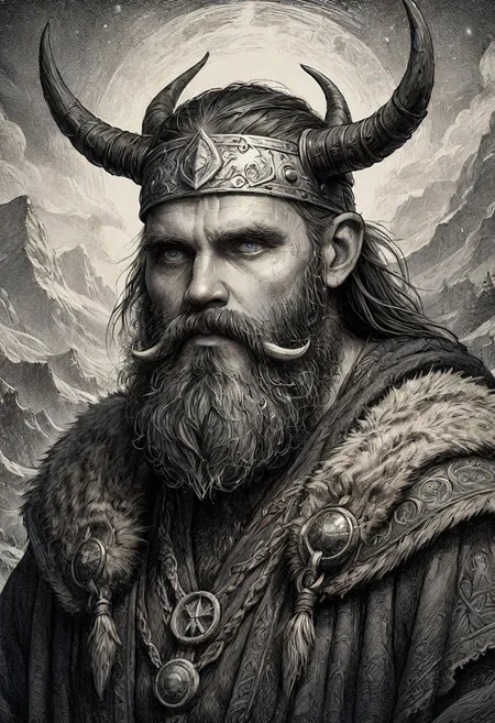 a black and white drawing of a bearded man with horns, norse god, male god svarog portrait, viking god, by Roman Bezpalkiv, by Tadeusz Pruszkwski, by Nikola Avramov, tuomas korpi and wlop, greybeard, painted portrait of rugged odin, 0 fantasy proto-slavic mythology, INK ART