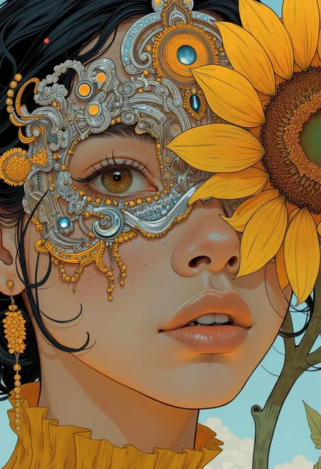 A hyper-realistic close-up portrait of a young woman adorned with a whimsical avant-garde symmetrical mask made of intricately woven netting, featuring glimmering silver accents and bright orange dots. The mask is beautifully outlined with ornate fuchsia embroidery, enhancing its stunning appearance. A radiant sunflower subtly covers part of her face, its vibrant yellow petals adding a warm contrast to the mask. The shot is taken from a mid-angle, allowing for a direct view of her expression and the intricate details of both the mask and the flower, illuminated by natural light that creates a soft and inviting ambiance.
