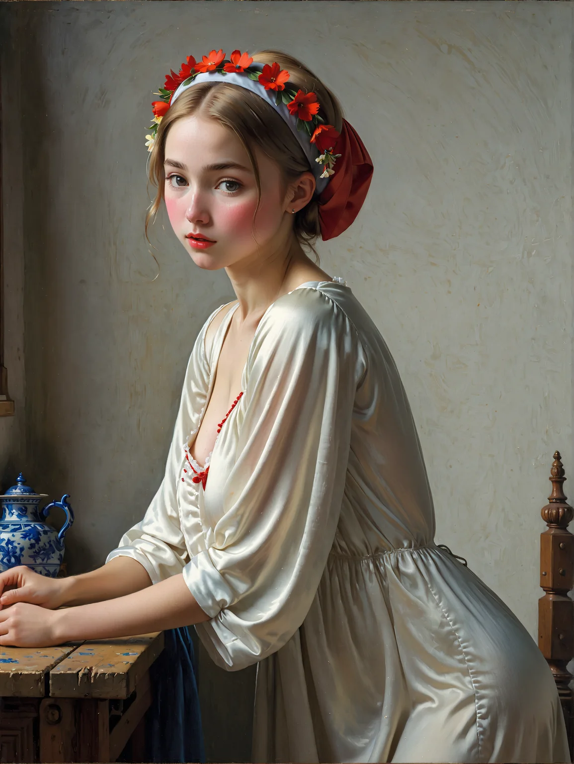 (Painting by by Johannes Vermeer), masterpiece:1.20, simple watercolor:1.5, uhd, hdr, 8k, unreal engine 5, ray tracing:1.20, low light painting, dramatic cinematic lighting, vibrant colors, vivid colors, strong colors, Award-winning full body painting of a beautiful young girl standing leaning forward displaying her breasts at afternoon in a Dutch fishing village, bent over to viewer, (daintly young girl:1.30), wearing a loose delicate nightgown, (hugging herself), wearing a Flower headband, looking down sideways, head tilt, (snub nose:1.4, red cheeks:1.20), prominent cheekbones, (shy:1.20), embarrassed:1.10, perfectly circular breasts, huge breasts, minimal makeup, glossy skin:1.40, adorable face, natural beauty, beautiful eyes, shiny eyes, chrystal clear eyes, perfect eye pupils, symmetrical eyes, goosebumps, natural body hair, toned skin, hourglass figure, slim waist, slim figur