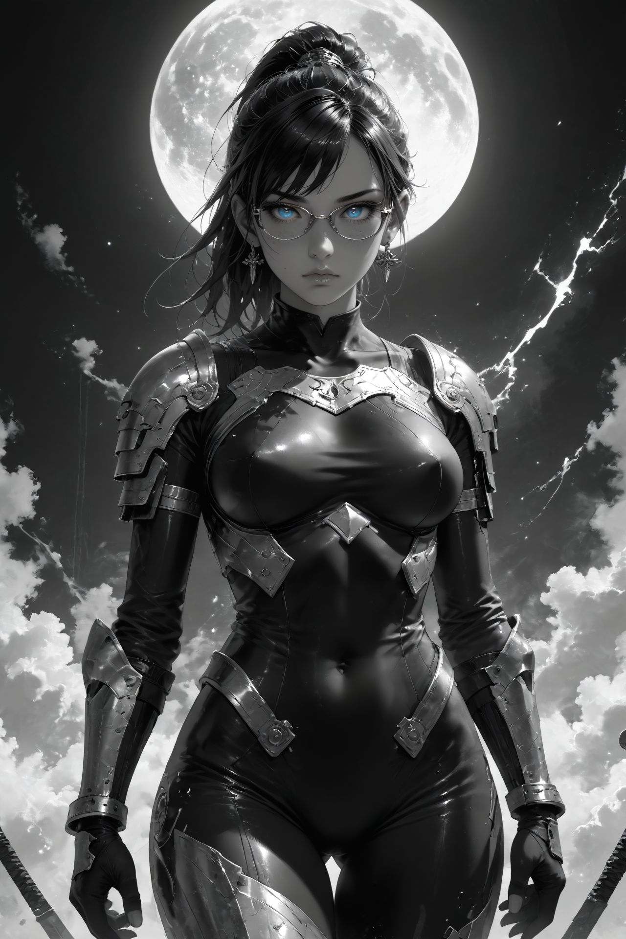 realistic,detailed background,Cinematic Lighting,film grain,score_9,score_8_up,score_7_up,masterpiece,best quality,highly detailed,
<lora:(增强)sdxl_lightning_8step_lora:1>,<lora:glowneon_xl_v1:1>,(glowing),<lora:hand 4:1>,hand person,<lora:Expressive_H:0.8>,Expressiveh,<lora:MythM4ngaStyle:0.8>,<lora:th3rm4lXLP:0.4>,th3rm4l,colorful,
1girl,armor,bodysuit,breastplate,big breasts,collarbone,earrings,glasses,blue sword,looking at viewer,mole under eye,monochrome,moon,ponytail,solo,blue theme,blue eyes,fantasy,solo focus,epic,concept art,greyscale,thighs,