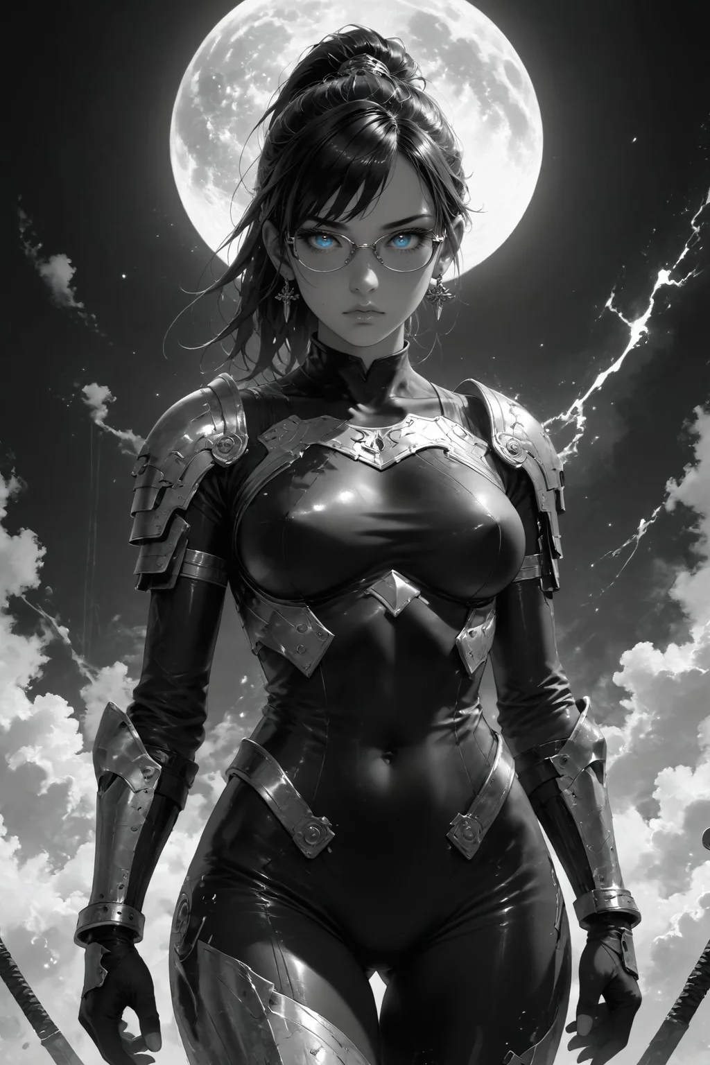realistic,detailed background,Cinematic Lighting,film grain,score_9,score_8_up,score_7_up,masterpiece,best quality,highly detailed,
<lora:(增强)sdxl_lightning_8step_lora:1>,<lora:glowneon_xl_v1:1>,(glowing),<lora:hand 4:1>,hand person,<lora:Expressive_H:0.8>,Expressiveh,<lora:MythM4ngaStyle:0.8>,<lora:th3rm4lXLP:0.4>,th3rm4l,colorful,
1girl,armor,bodysuit,breastplate,big breasts,collarbone,earrings,glasses,blue sword,looking at viewer,mole under eye,monochrome,moon,ponytail,solo,blue theme,blue eyes,fantasy,solo focus,epic,concept art,greyscale,thighs,