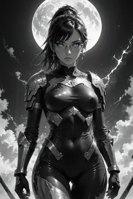 realistic,detailed background,Cinematic Lighting,film grain,score_9,score_8_up,score_7_up,masterpiece,best quality,highly detailed,
<lora:(增强)sdxl_lightning_8step_lora:1>,<lora:glowneon_xl_v1:1>,(glowing),<lora:hand 4:1>,hand person,<lora:Expressive_H:0.8>,Expressiveh,<lora:MythM4ngaStyle:0.8>,<lora:th3rm4lXLP:0.4>,th3rm4l,colorful,
1girl,armor,bodysuit,breastplate,big breasts,collarbone,earrings,glasses,blue sword,looking at viewer,mole under eye,monochrome,moon,ponytail,solo,blue theme,blue eyes,fantasy,solo focus,epic,concept art,greyscale,thighs,