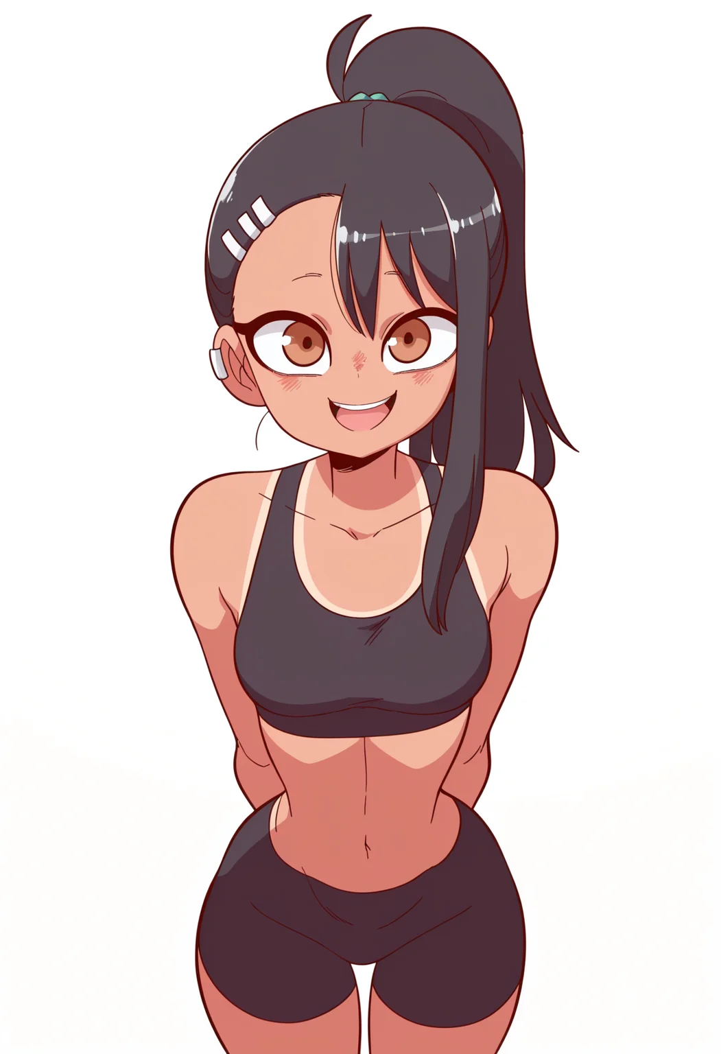 score_9_up, score_8_up, score_7_up, score_6_up, 1girl, solo, alone, masterpiece, best quality, high quality, simple background, abstract background, white background, cowboy shot, standing, smile, open mouth, arms behind back, facing viewer, looking at viewer, <lora:nagatoro-multi-outfit_ILL:1>, nagatoro hayase, brown eyes, dark-skinned female, tan, black hair, hairclip, earclip, hair ornament, long hair, outfit-sportsbra, bike shorts, midriff, shorts, crop top, black sports bra, ponytail, <lora:_diives_NAIXL:1>, ï»¿art by diives,