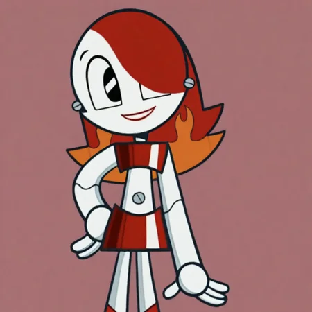 hot rod jenny, jenny wakeman, 1girl, solo, robot joints, long hair, hair over one eye, the Farrah hairstyle, red hair, black eyes, red tube top, red skirt, orange flame accents, upper body, hand on hip, smile, mouth open, looking away, simple background