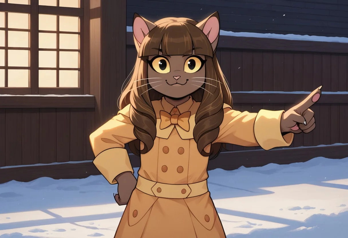 score_9, score_8_up, score_7_up, score_6_up,source_anime, cinematic shadow, cinematic light, cute and sensitive, soft skin, petite, short, small, petite bodytype, cute, coy, subtle smile, characters focus, detailed eyes, detailed skins,rating_explicit, cowboy shot,ivy, brown long hair,braids,blunt bangs,black eyes, colored sclera, yellow sclera, no human, furry, brown furr, cat ears,ivydress, orange bowtie,yellow coat, yellow hair bow, solo, , torso view, facing viewer((pov)), pointing at viewer with left hand, right hand on hip, dramatic hipsway, torso view, facing viewer, leaning slightly forward, super playfull, outside, 1920's chicago, snow on the ground, snow ball fight in the background, detailed landscape, extreme detailed, ( (dynamic lighting:1.1) ((masterpiece)) (dynamic lighting:1.1) ((masterpiece)) godrays, (highly detailed:1.2), (intricate:1.2), (best quality:1.2),(8k:1.2), (sharp:1.2), (majestic:1.2), natural lighting, detail++,