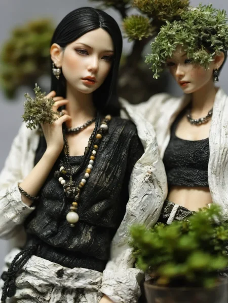 resin material style, close up, black and white outfits, sensual poses, intricate accessories, weathered textures, miniature plants, <lora:è¶ä½¬V1:0.7>