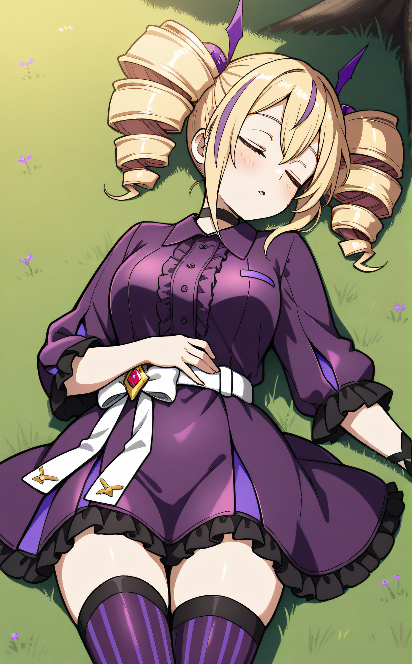 masterpiece, best quality, highres, newest, scenary, 1girl, solo, official style, <lora:IL_Violet_Inboots:1>, violet, streaked hair, twindrills, black choker, white belt, white bow around waist, collared dress, black frilled dress, purple vertical-striped thighhighs, blush, outdoor, lying on grass, closed eyes, sleeping, hand on stomach, cowboy shot, five fingers