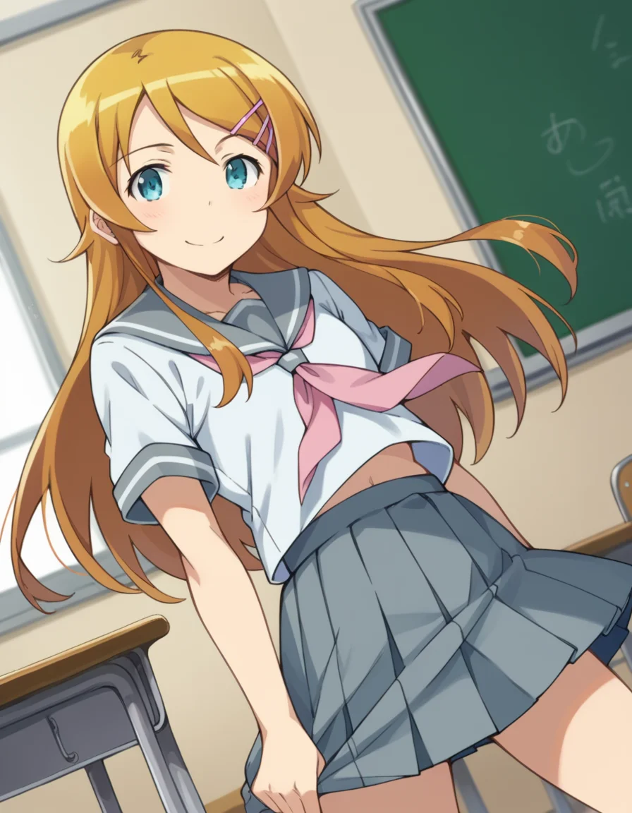 score_9, score_8_up, score_7_up, source_anime,
kirinokousaka, <lora:kirino-kousaka-s2-ponyxl-lora-nochekaiser:1>,
kirino kousaka, long hair, blue eyes, hair ornament, hairclip, orange hair, aqua eyes,
skirt, school uniform, serafuku, shirt, white shirt, grey sailor collar, grey skirt, pleated skirt, neckerchief, pink neckerchief,
indoors, classroom, smile,
looking at viewer, cowboy shot, solo, dutch angle,