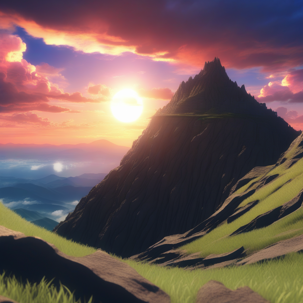 anime kingdom built into the base of a mountain with . the sky is a beautiful sunset with a glowing sun. clouds lightly patter across the sky. depth of field. beautiful composition.