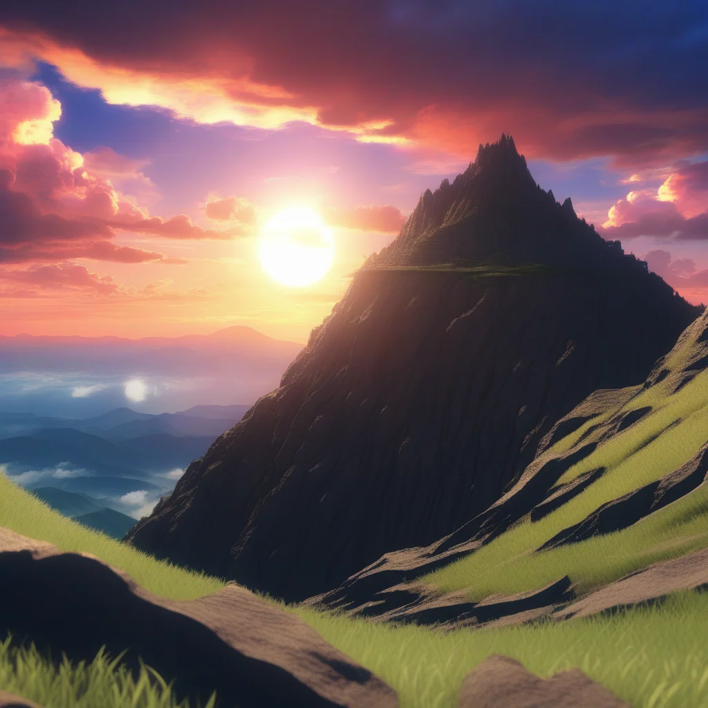 anime kingdom built into the base of a mountain with . the sky is a beautiful sunset with a glowing sun. clouds lightly patter across the sky. depth of field. beautiful composition.