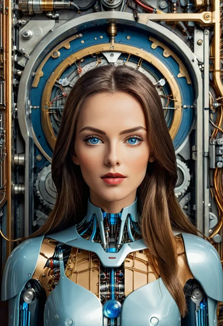 masterpiece, best quality, female standing, illustration, front view, 30 years old, beautiful, long hair, slender fit body, thin waist, long legs, tall height, very detailed face, perfect eyes, blue eyes, perfect lips, front towards viewer, direct gaze, the future, visible bone structure, schematic drawing, hybrid, android features, cyborg features, biomechanical, warm glow of vacuum tubes, transparent, cutaway view, golden light, schematic diagrams,