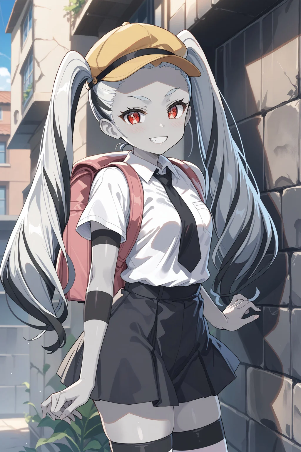 score_max, (score_9, score_8_up, score_7_up:1.2), score_6_up, official art, source_anime,
anime screencap, masterpiece, absurdres, high detail, 8k,
outdoors, morning, concrete wall, blue sky, cowboy shot,
standing, evil smile, seductive smile, blush, looking at viewer,
nymph, (grey skin:1.4) twintails, forehead, long hair, two-tone hair, bodypaint, striped, yellow hat, collared shirt, white shirt, short sleeves, pink backpack, crime prevention buzzer, suspender skirt, thighhighs,
<lora:XL_Pony_MGCM-nymph-t1:1.3>