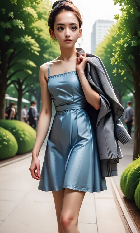 score_9, score_8_up, score_7_up, score_6_up, score_5_up, score_4_up, slim girl in park , jakosho, gray jacket over shoulder, short blue dress, <lora:JacketOverShoulderPony:1>