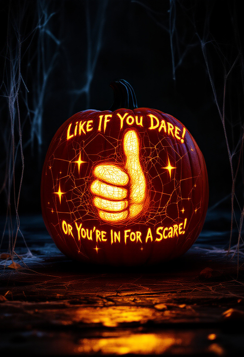 "A glowing pumpkin sits on a creaky, cobweb-shrouded porch, its surface etched with a hand giving a thumbs up. Eerie, pulsing light emanates from within, casting an ethereal glow through the intricate carving. Ghostly font at the top reads 'Like If You Dare!' in misty, curved letters. At the bottom, twisted font whispers 'Or You're In For A Scare!' in a spectral, curved line. The dark Halloween night surrounds the pumpkin, casting long, ominous shadows." highest-Quality, intricate details, visually stunning, Masterpiece