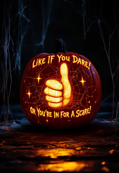 "A glowing pumpkin sits on a creaky, cobweb-shrouded porch, its surface etched with a hand giving a thumbs up. Eerie, pulsing light emanates from within, casting an ethereal glow through the intricate carving. Ghostly font at the top reads 'Like If You Dare!' in misty, curved letters. At the bottom, twisted font whispers 'Or You're In For A Scare!' in a spectral, curved line. The dark Halloween night surrounds the pumpkin, casting long, ominous shadows." highest-Quality, intricate details, visually stunning, Masterpiece