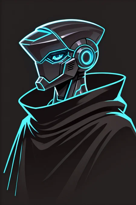 robot, portrait, black cloak, blue eyes, looking to the side, simple background, high quality, <lora:Glowline_Figures_IL:1> glowline_figures