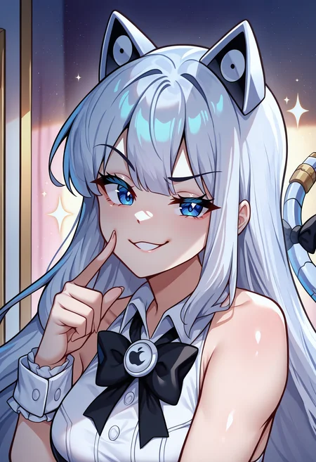masterpiece, best quality, newest, absurdres, highres, 1girl, IPhonechan, AppleIcon, blue eyes, grey hair, medium breasts, cat tail, tail bow, tail ornament, mechanical tail, bowtie, white shirt, collared shirt, bare shoulders, sleeveless, wrist cuffs,
<lora:IPhonechan_illusXLNoobAI_Incrs_v1-000012:1>, mirror, smirk, upper body, sparkle, looking at viewer,