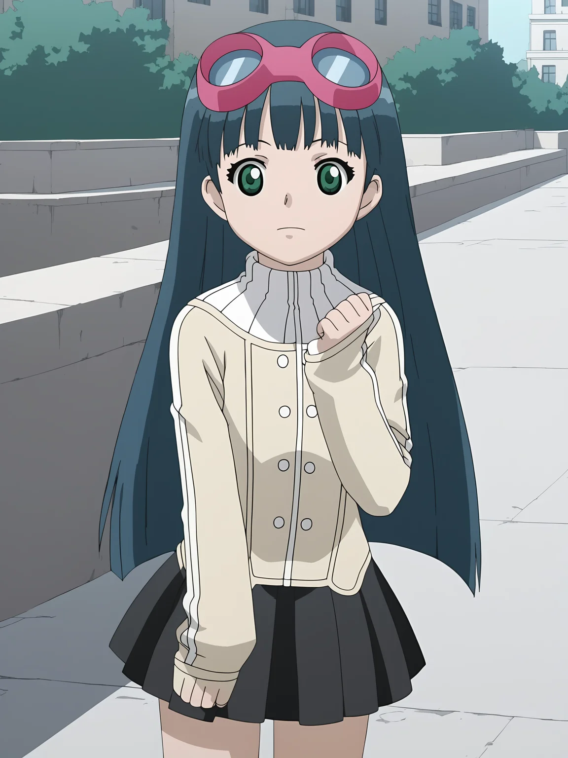 score_9, source_anime BREAK, oldest, anime screencap, outdoors, day, city, pose, <lora:KashaMaverick(Pony)-11:1>KashaMaverick, 1girl, solo, long hair, blue hair, goggles, goggles on head, pink goggles, sweater, multicolored sweater, turtleneck sweater, buttons, white buttons, miniskirt, black skirt, pleated skirt, visible hands,