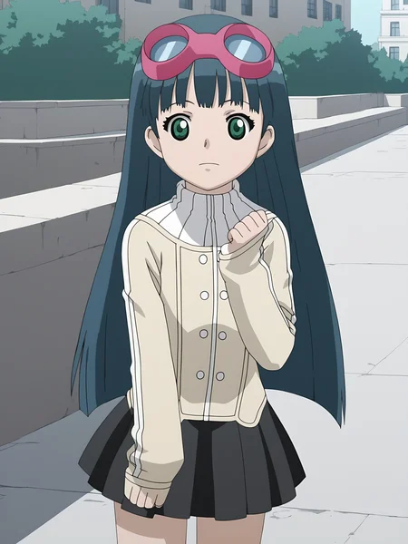 score_9, source_anime BREAK, oldest, anime screencap, outdoors, day, city, pose, <lora:KashaMaverick(Pony)-11:1>KashaMaverick, 1girl, solo, long hair, blue hair, goggles, goggles on head, pink goggles, sweater, multicolored sweater, turtleneck sweater, buttons, white buttons, miniskirt, black skirt, pleated skirt, visible hands,
